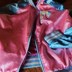 Girls Pink and Blue Satin Bomber Jacket with Character Patch